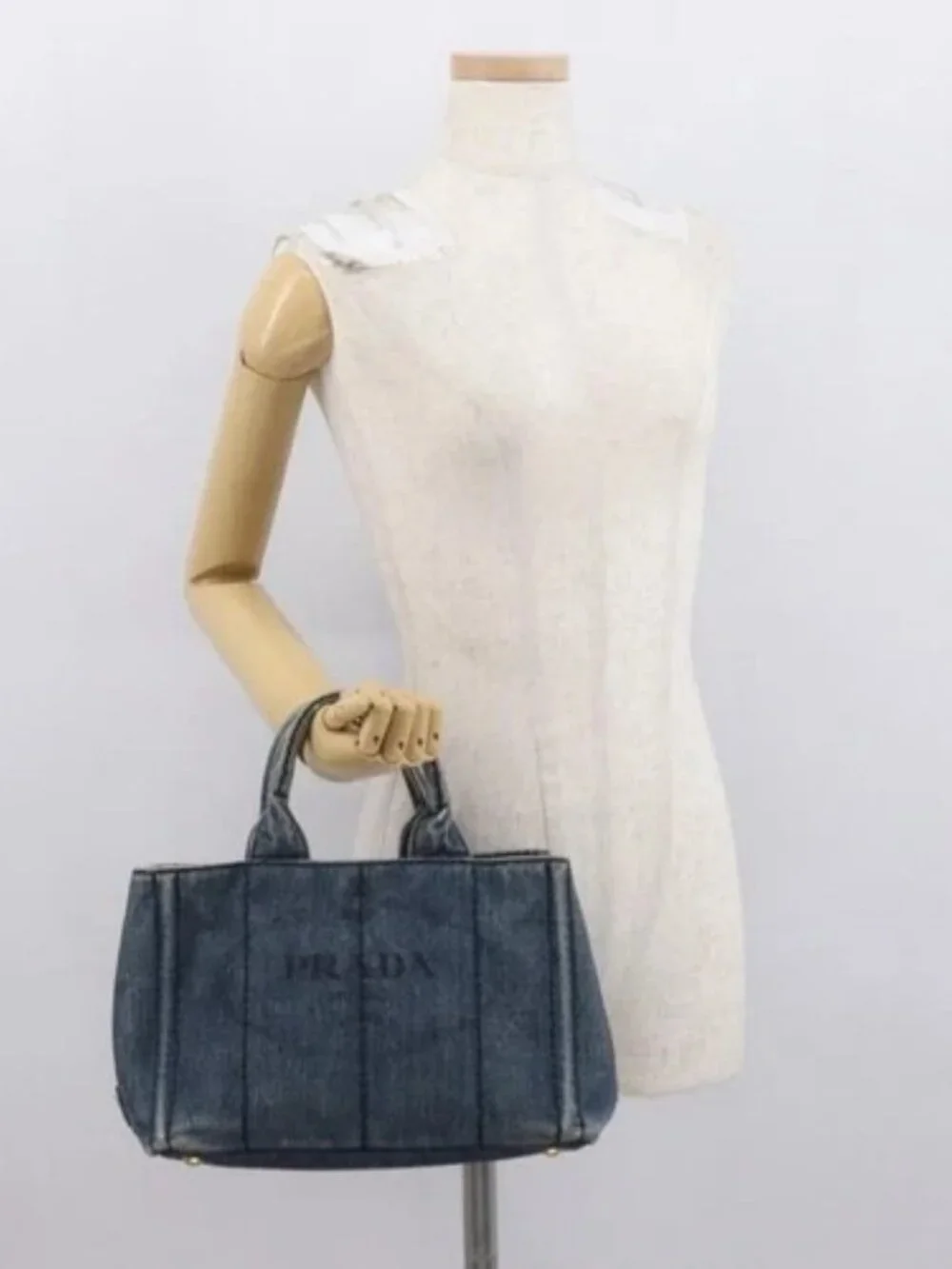 PRADA Canapa PM Hand Bag Denim Blue Gold Auth - Picture 14 of 16